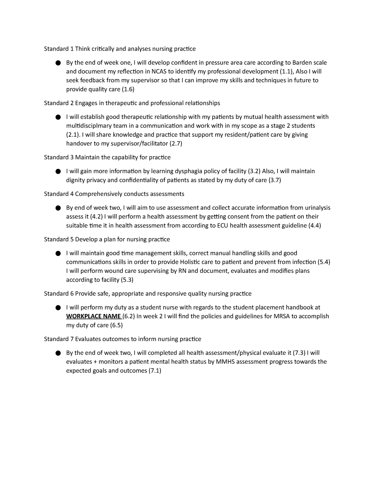 standard 1 thinks critically and analyses nursing practice example