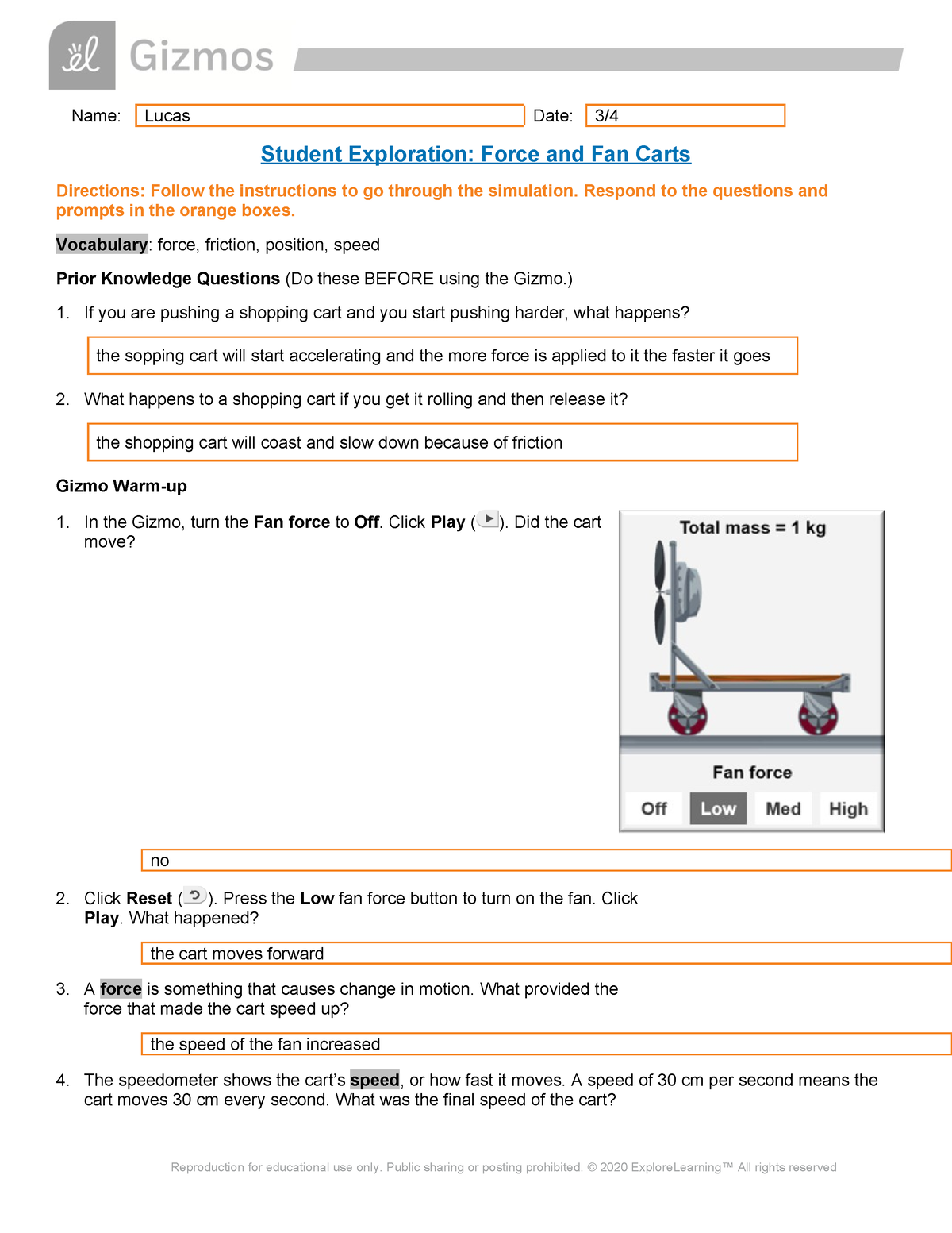 3-4-2024 Force Fan Carts SE - Name: Lucas Date: 3/ Student Exploration ...