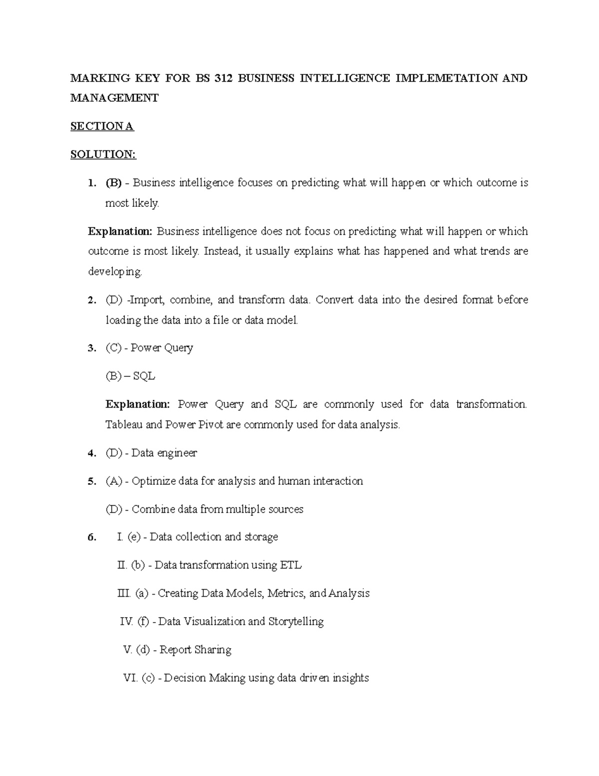 Marking KEY FOR BS 312 Business Intelligence Implemetation AND