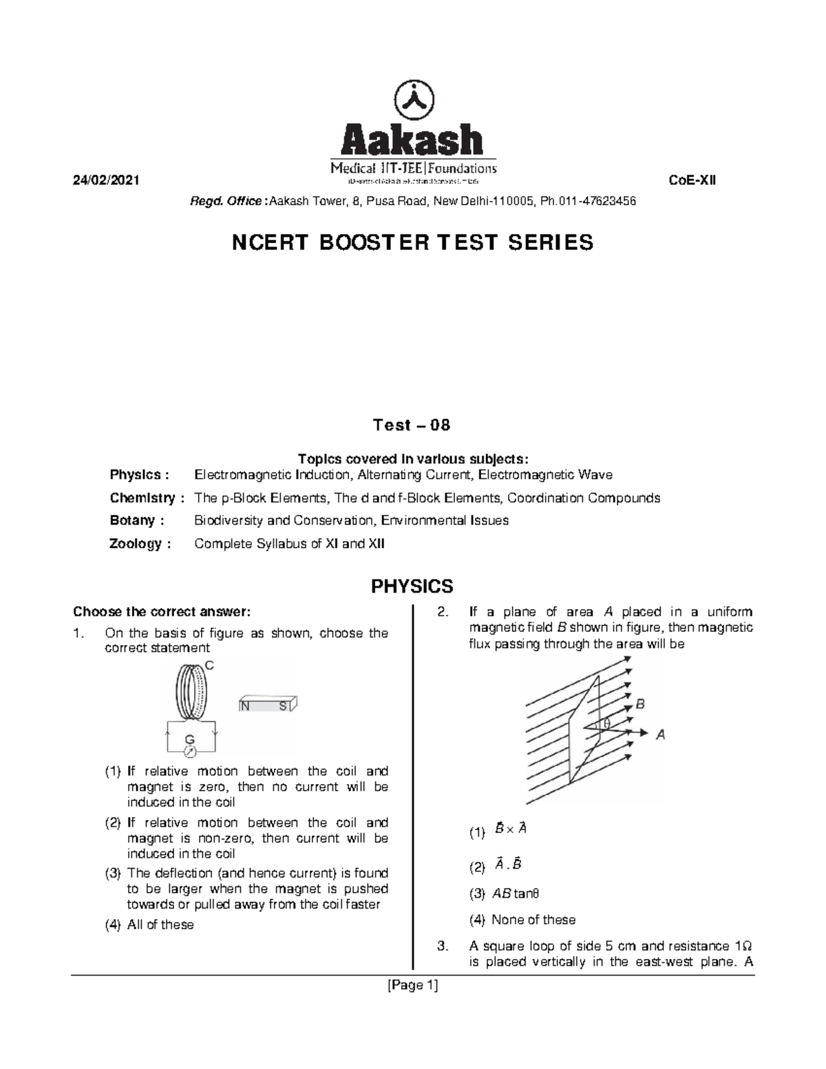 Aakash NBTS-08 - Hi, some test paper - 24/02/2021 CoE-XII Regd. Office ...