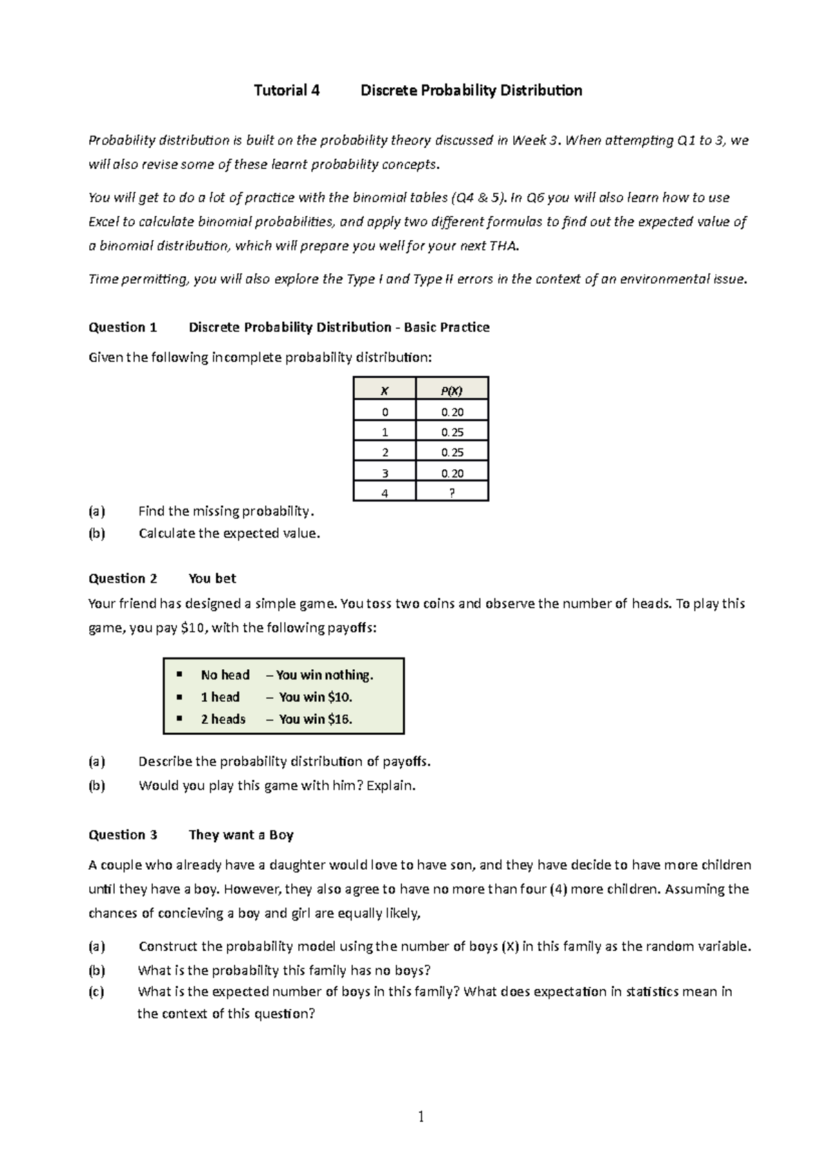 Tute 4 - Discrete Probability Distribution - Tutorial 4 Discrete ...