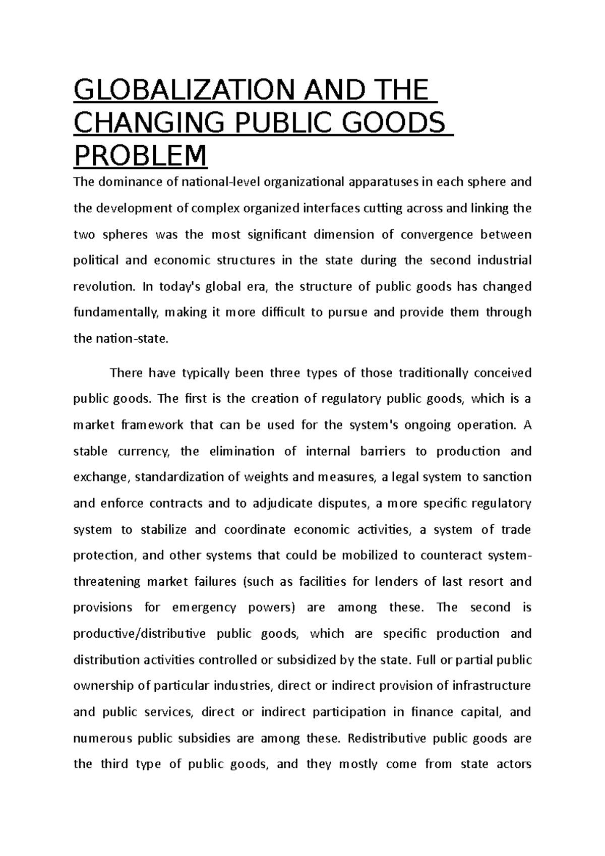 Globalization AND THE Changing Public Goods Problem - GLOBALIZATION AND ...