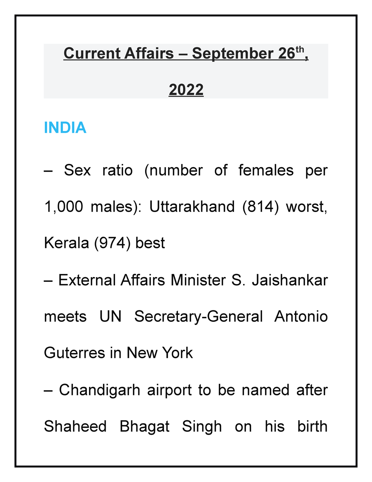 Current Affairs September 26th 2022 Current Affairs September 26 Th 2022 India Sex 5498