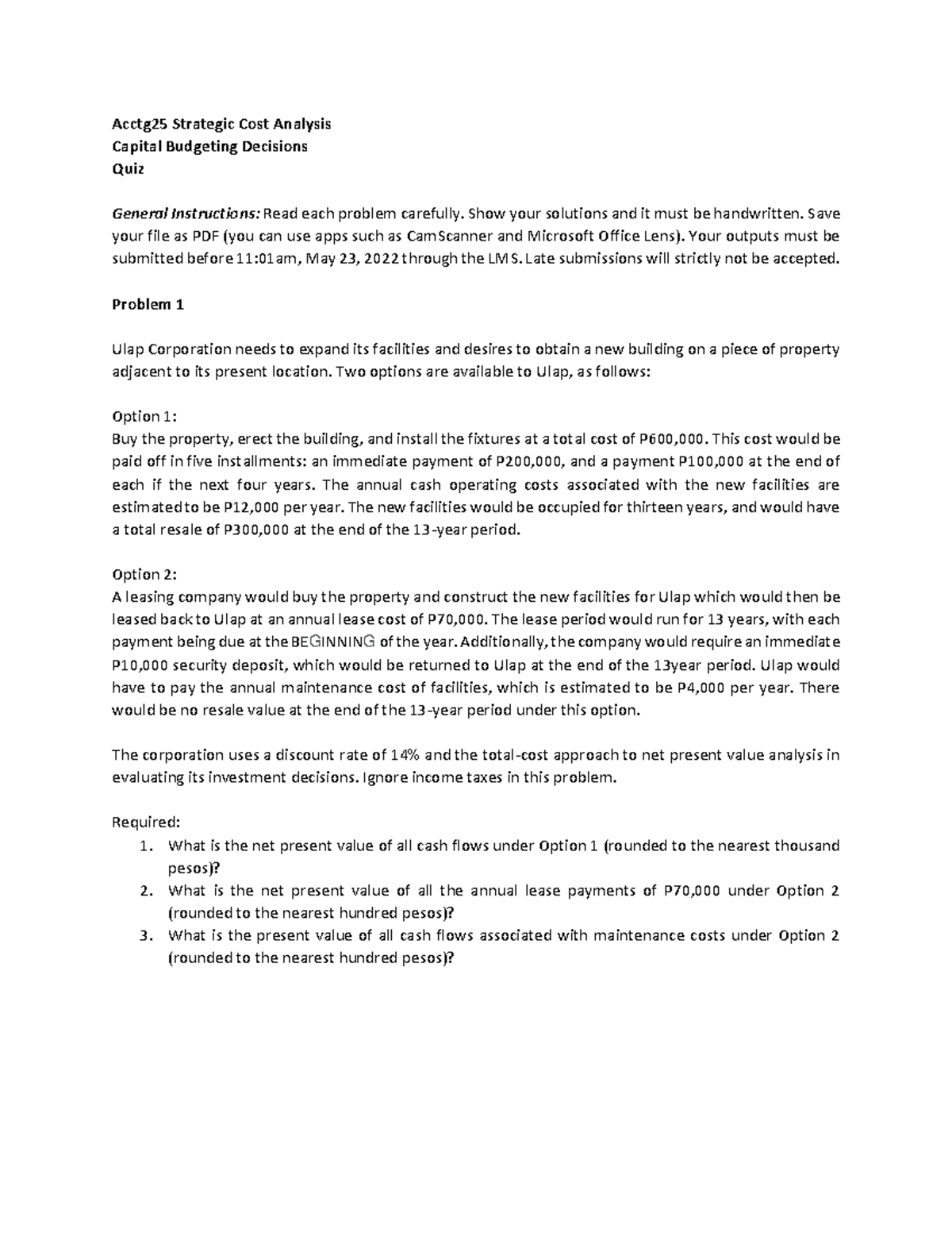 Capital Budgeting Decisions - Acctg25 Strategic Cost Analysis Capital ...