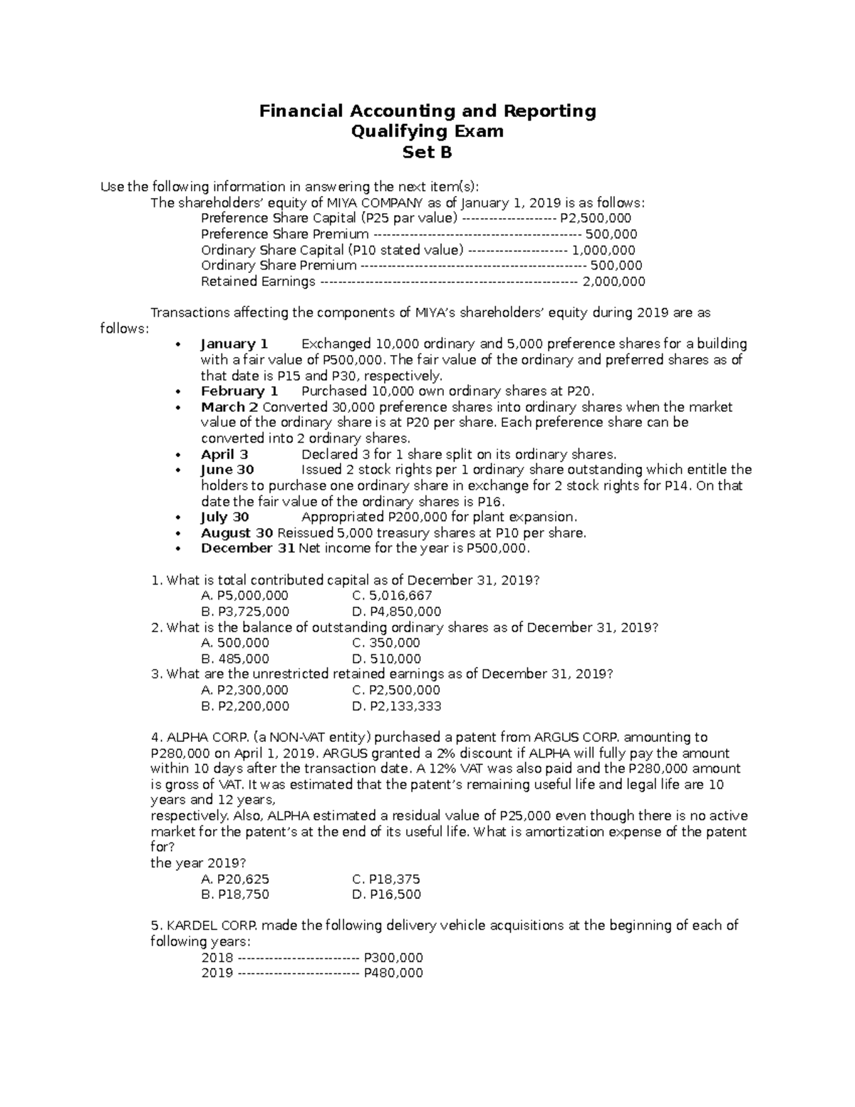 Financial Accounting And Reporting - Qualfying Exam (Set B) - Financial ...