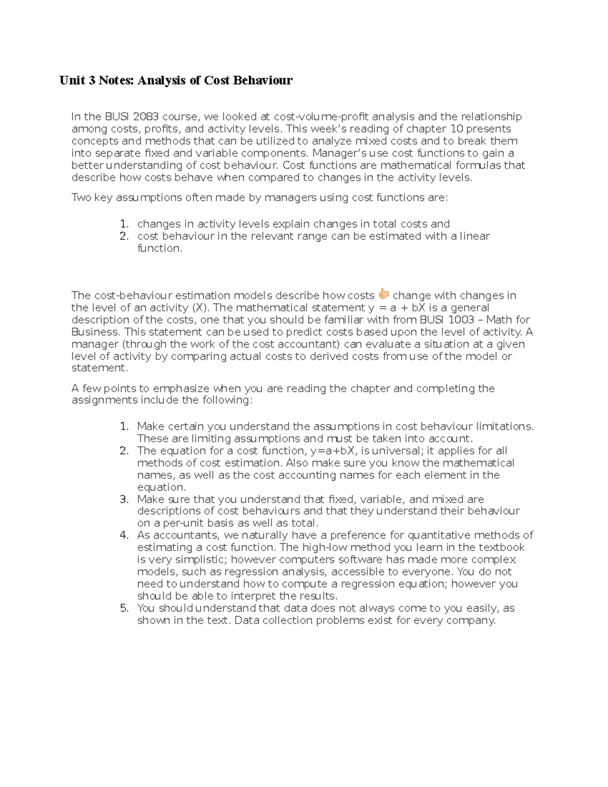 BUSI3413 - Unit 3 notes - Unit 3 Notes: Analysis of Cost Behaviour In ...