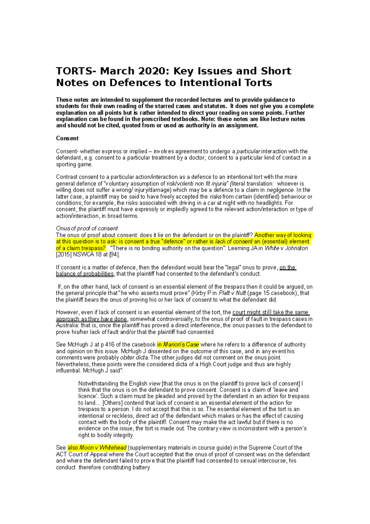 Notes on Defences to Intentional Torts March 2020 - TORTS- March 2020 ...