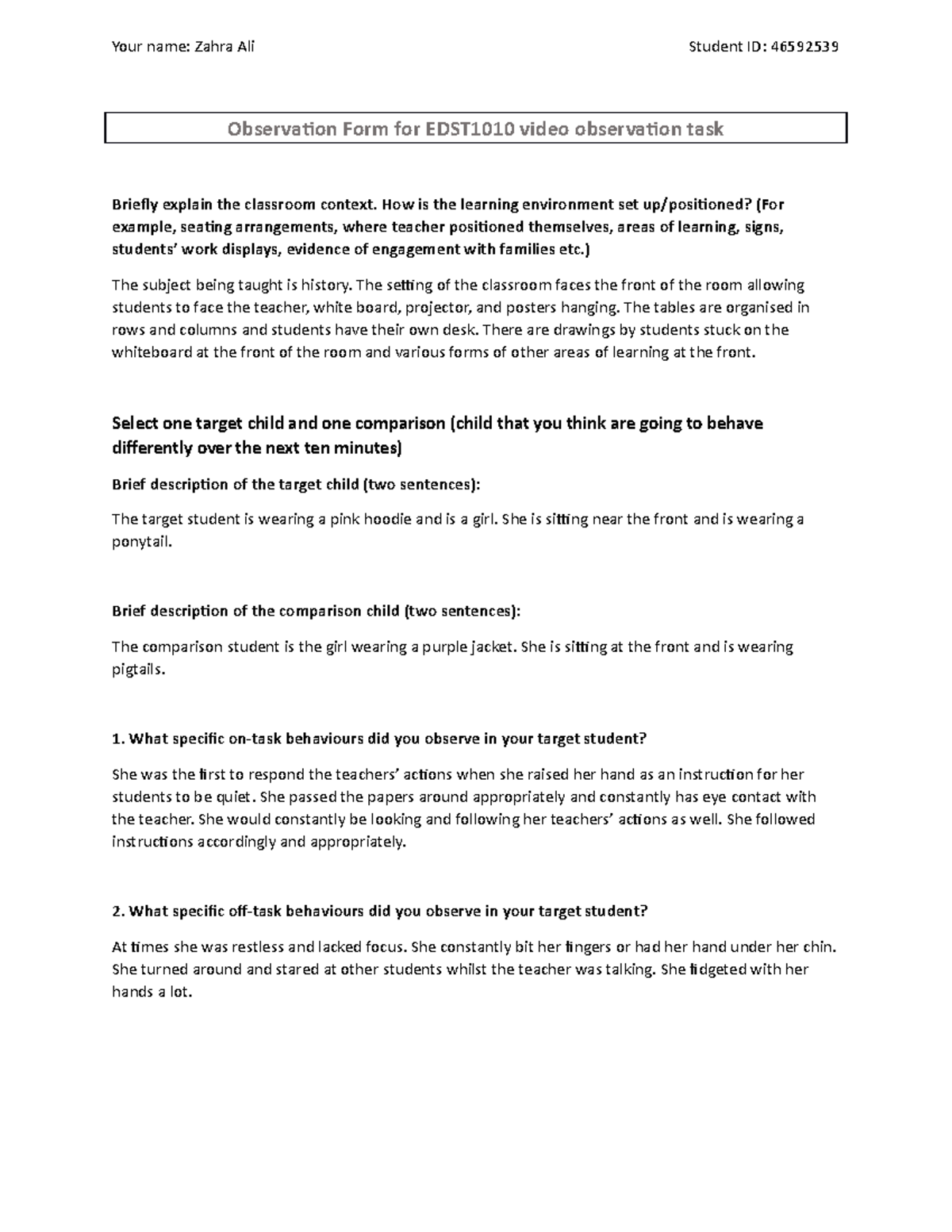 Observation task three hurdle tasks. EDST1010 MQ Studocu