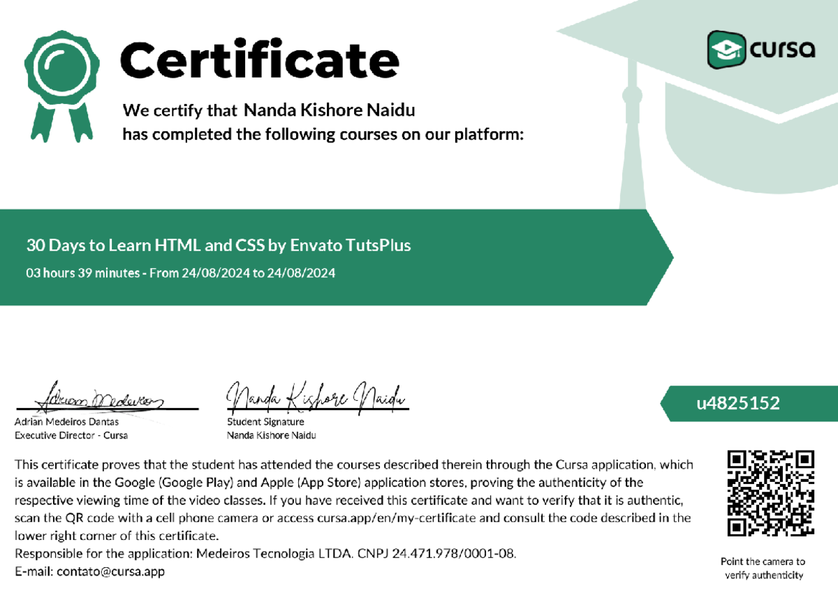 Certificate - hello - Certificate cursa We certify that Nanda Kishore ...