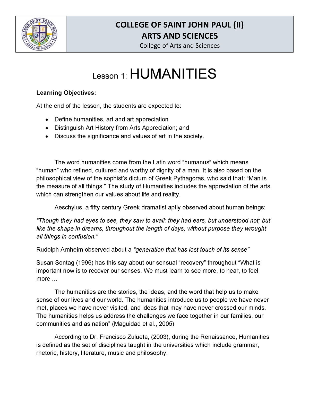 Arts App WEEK 2 - MPOIJPOI , - Lesson 1: HUMANITIES Learning Objectives ...