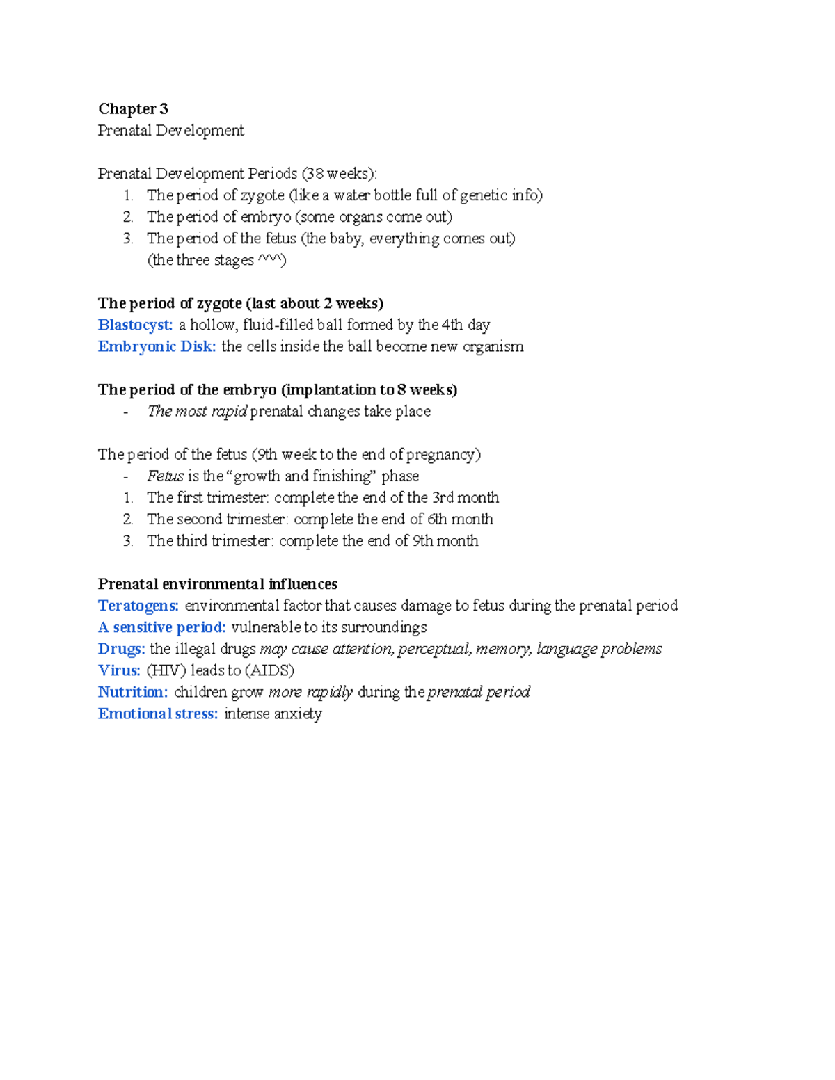 Developmental Psychology Chapter 3 notes - Chapter 3 Prenatal ...