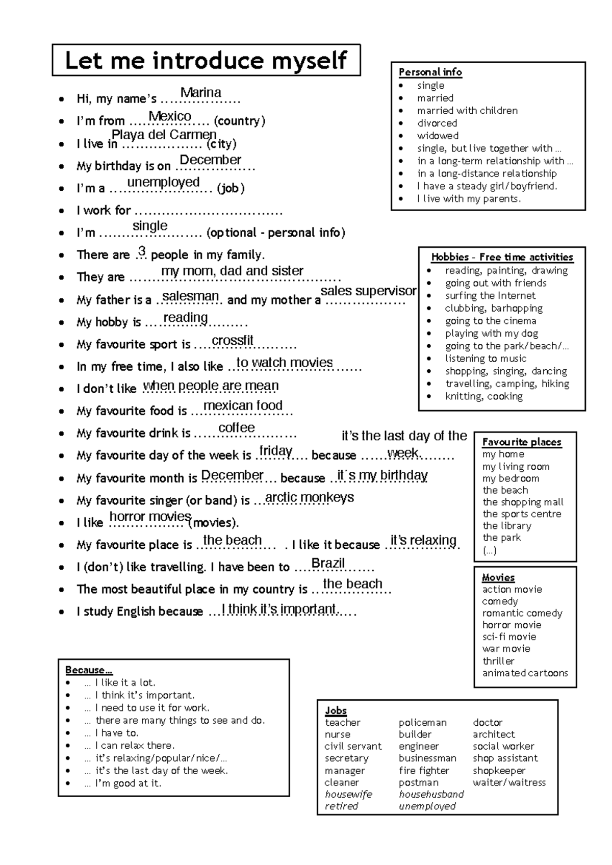 Answered worksheet - Ingles - Let me introduce myself • Hi, my name’s
