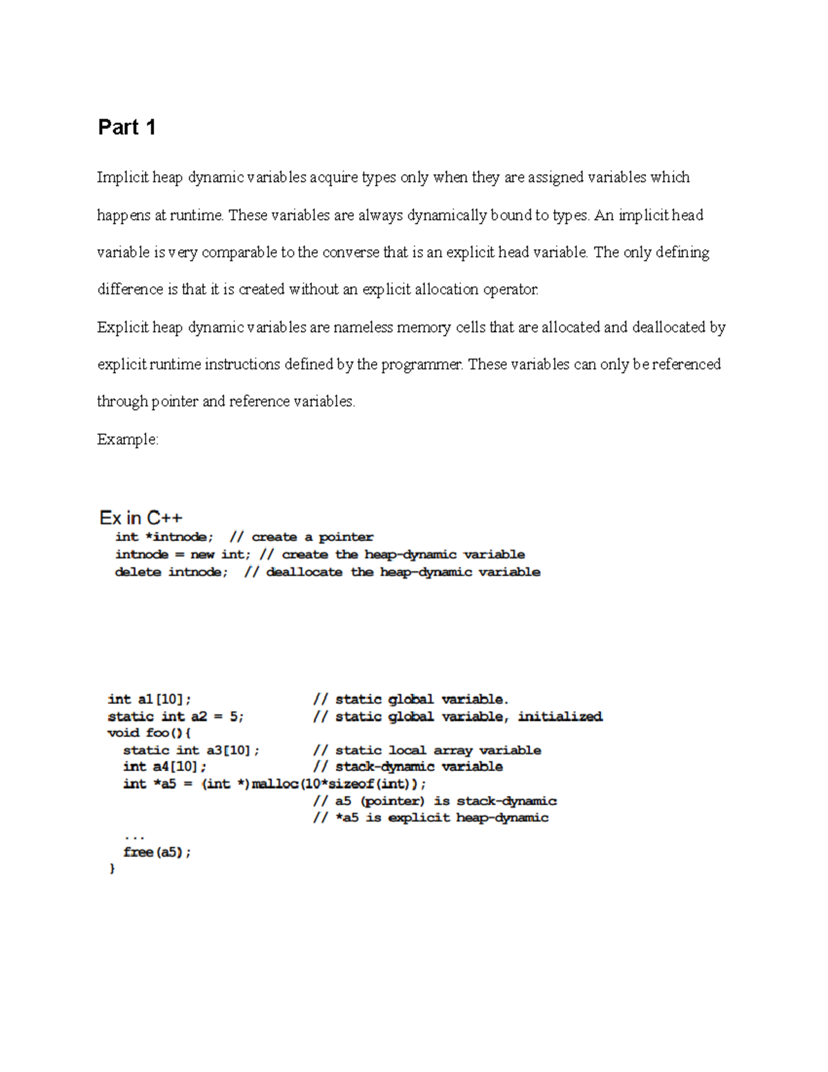Part 1 - response - Part 1 Implicit heap dynamic variables acquire ...
