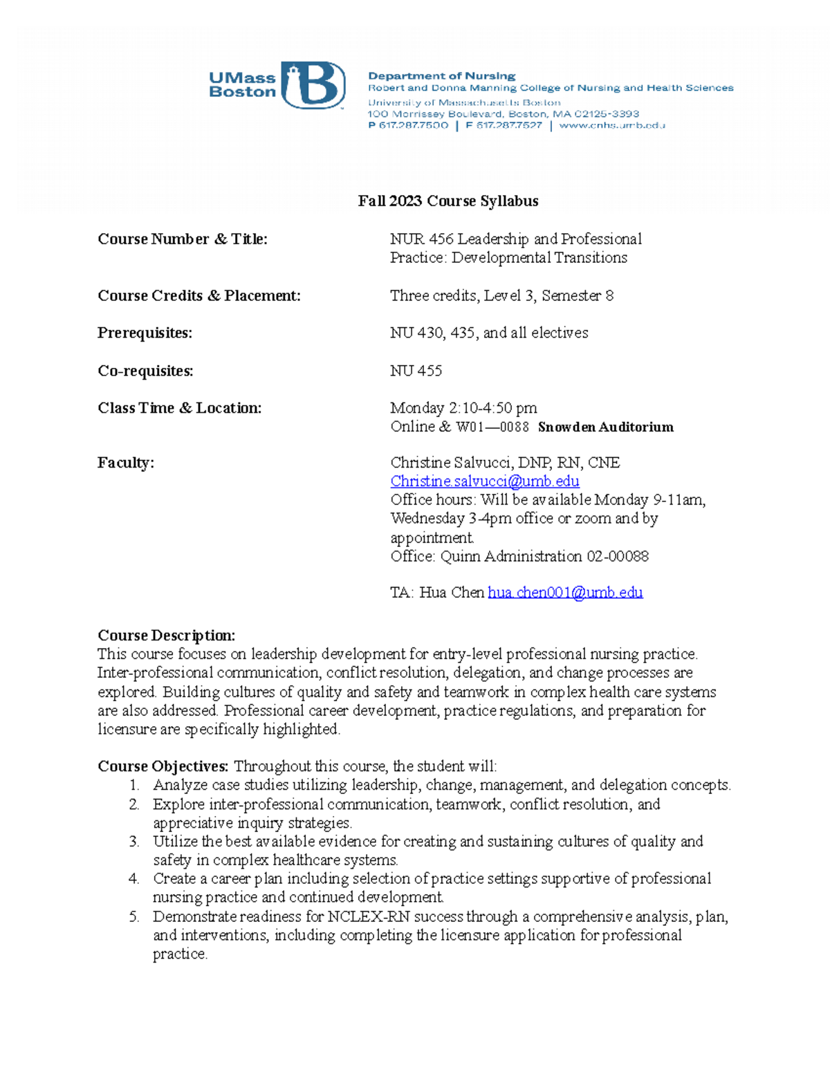 NU 456 Fall 2023 Syllabus Salvucci 8- 24-23 - Fall 2023 Course Syllabus ...