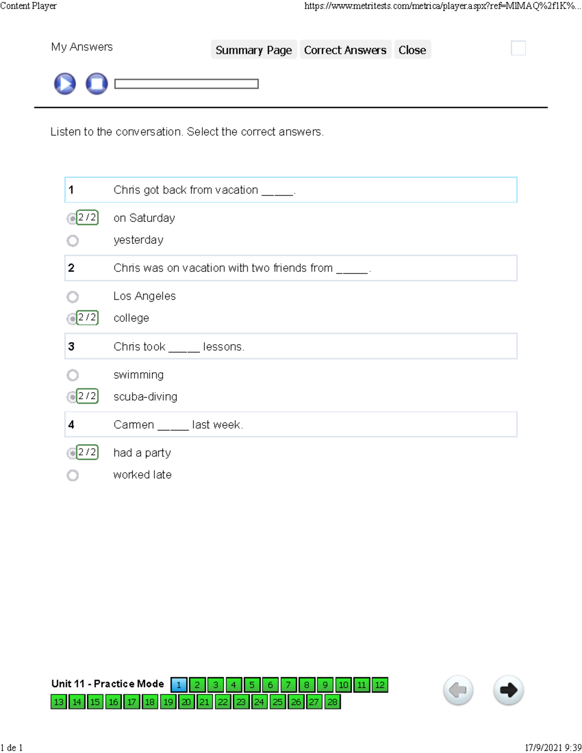 TEST UNIT 11 Cambridge Mi FIrst, Vacations - My Answers Summary Page ...