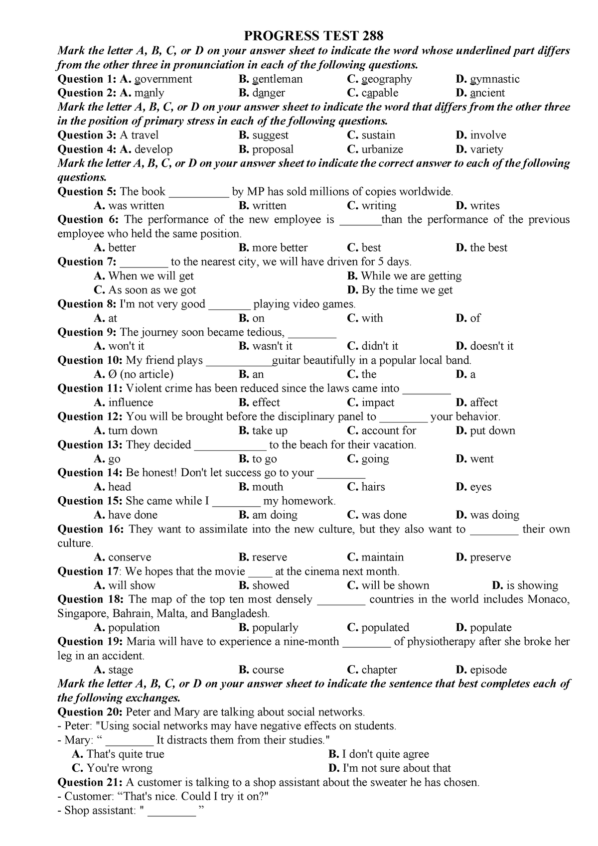 Progress TEST 288 - PROGRESS TEST 28 8 Mark The Letter A, B, C, Or D On ...