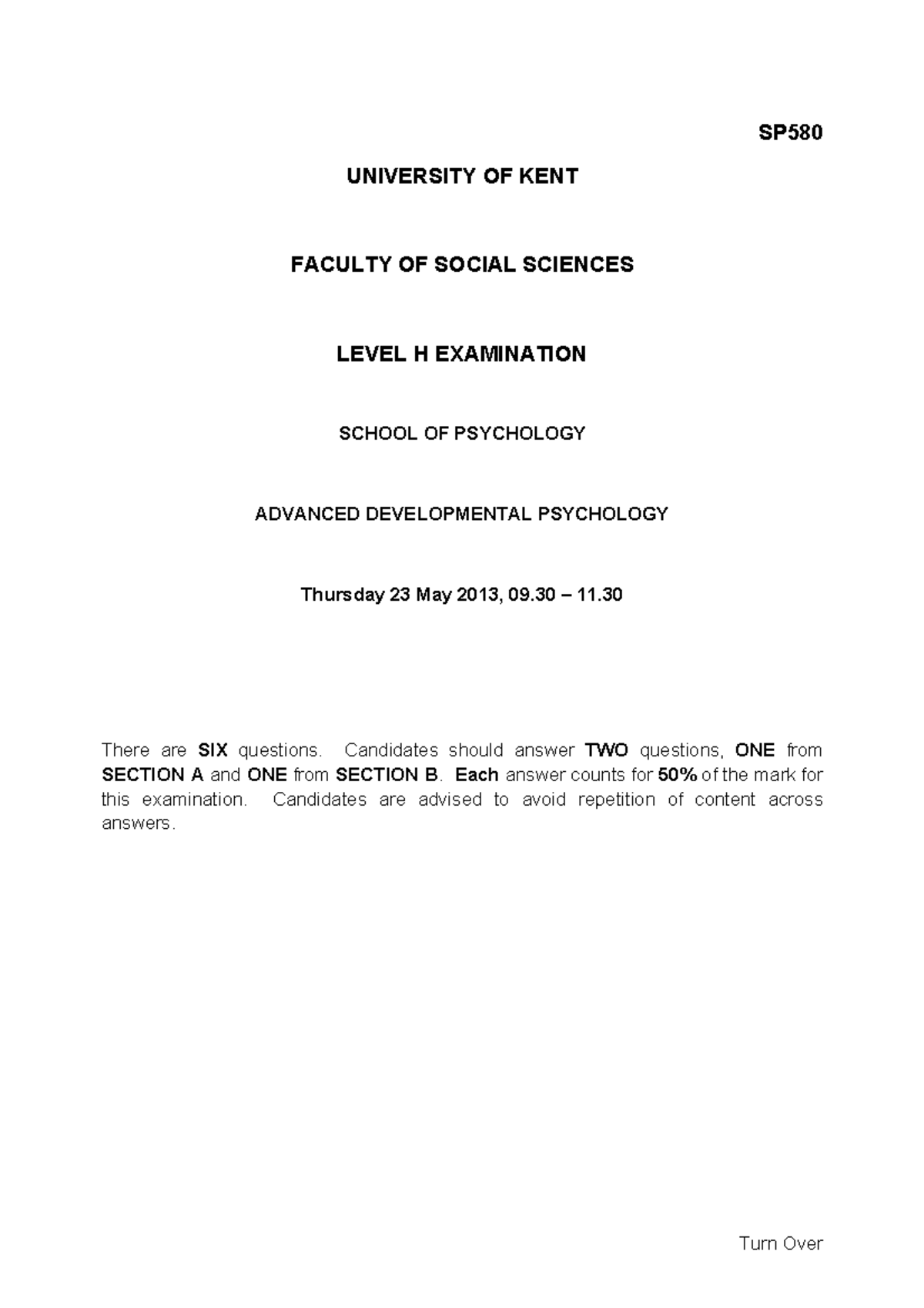 Exam 2014 Questions Turn Over SP UNIVERSITY OF KENT FACULTY OF
