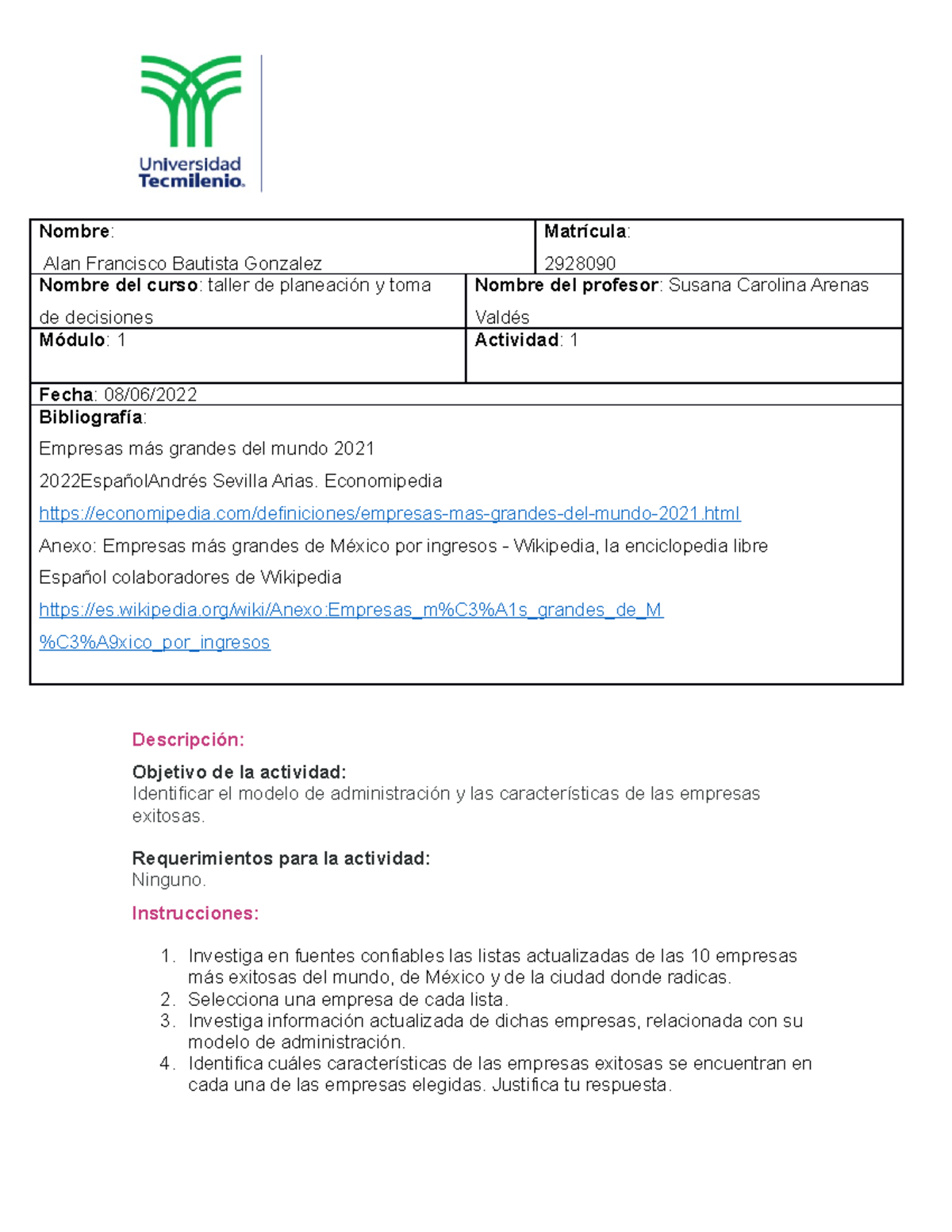 Actividad 1 taller de planeacion - Nombre : Alan Francisco Bautista ...