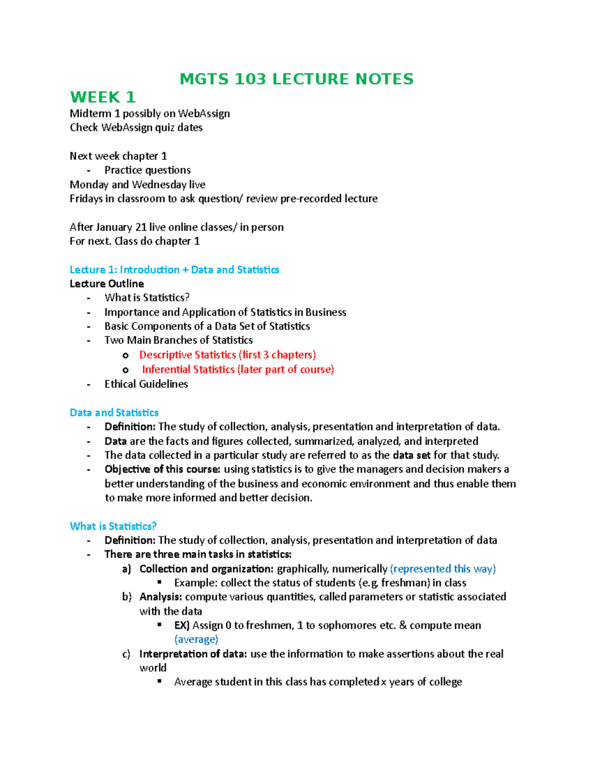 MGTS 103 Lecture Notes - MGTS 103 LECTURE NOTES WEEK 1 Midterm 1 ...