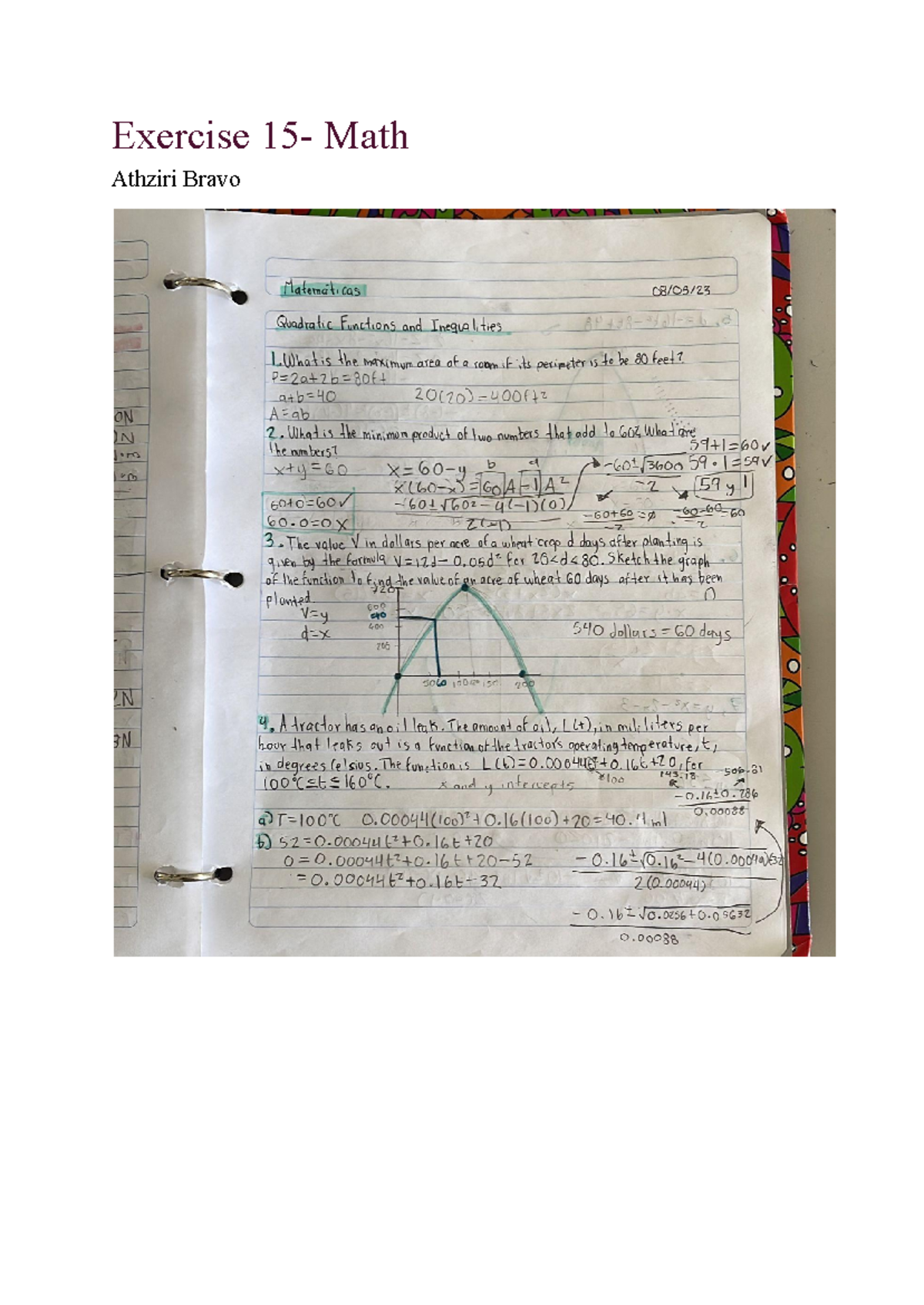 Exercise 15- Math - idk - Matematicas Quadratic Functions and ...