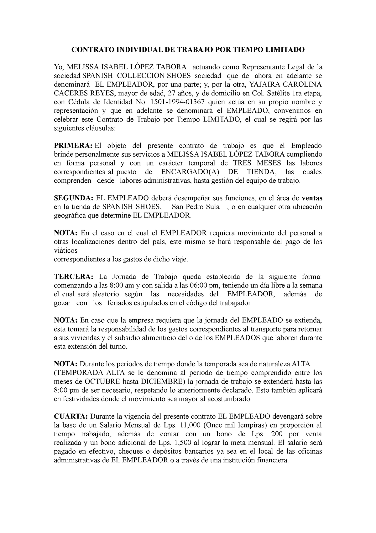 Contratos En Honduras Contrato Individual De Trabajo Por Tiempo Limitado Yo Melissa Isabel 5492