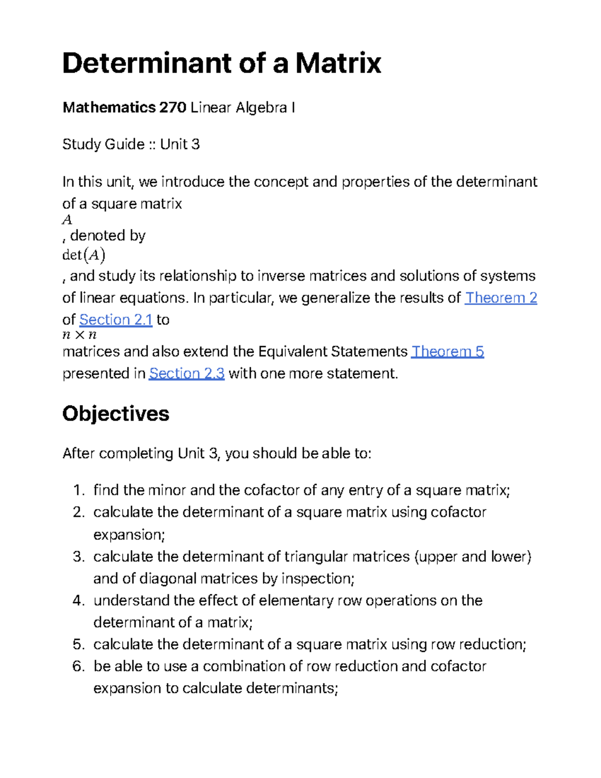 Unit 3 - MATH 270 Study Guide - Determinant of a Matrix Mathematics 270 ...
