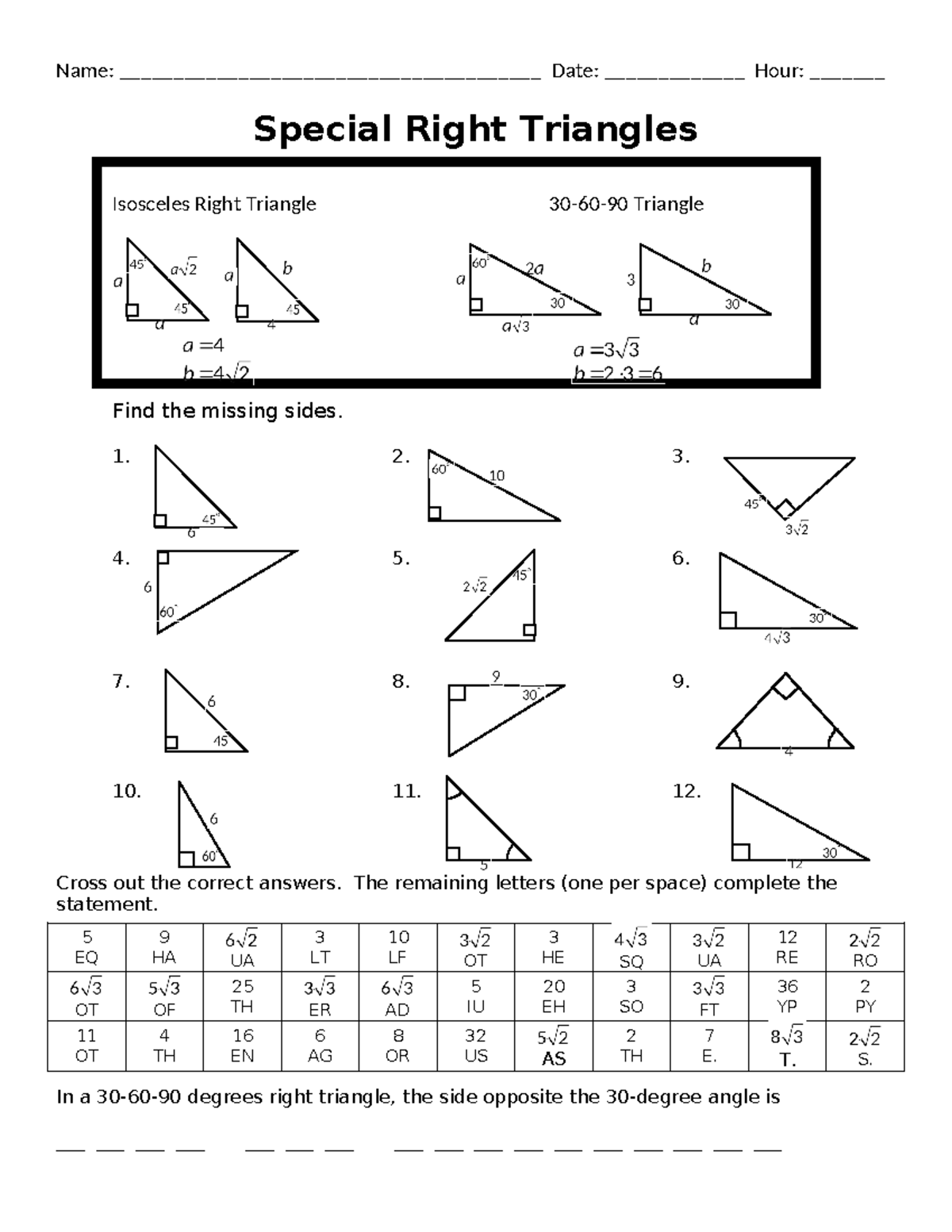 W.S. Special Right Triangles - Name ...