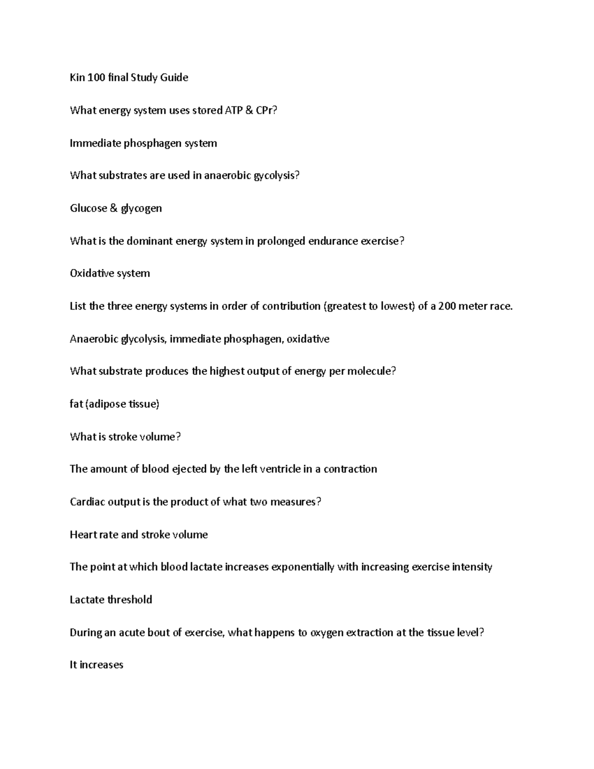 Kin 100 final Study Guide - Kin 100 final Study Guide What energy ...