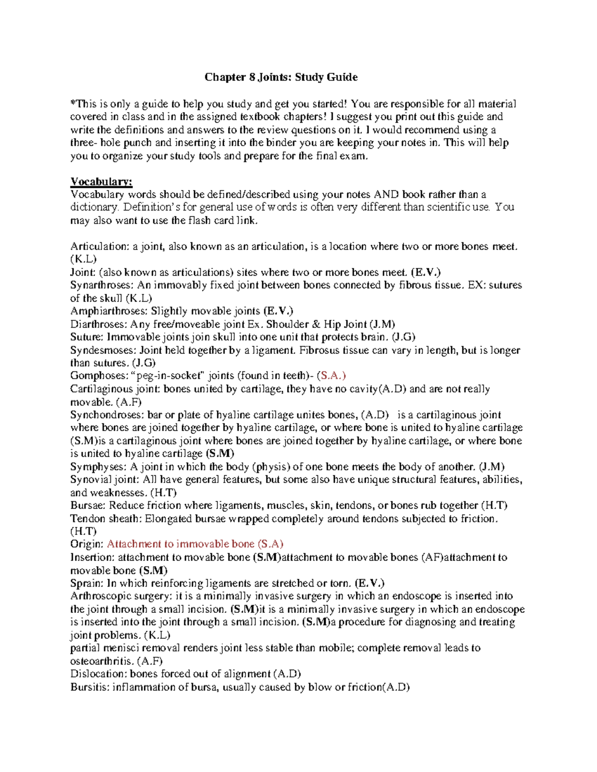 Chapter 8 Joints Study Guide- 03P - Chapter 8 Joints: Study Guide *This ...