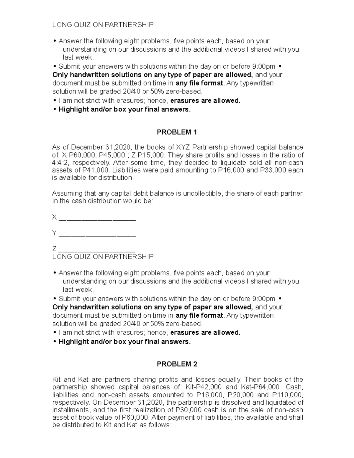 ACC102 LONG QUIZ ON Partnership - LONG QUIZ ON PARTNERSHIP Answer The ...