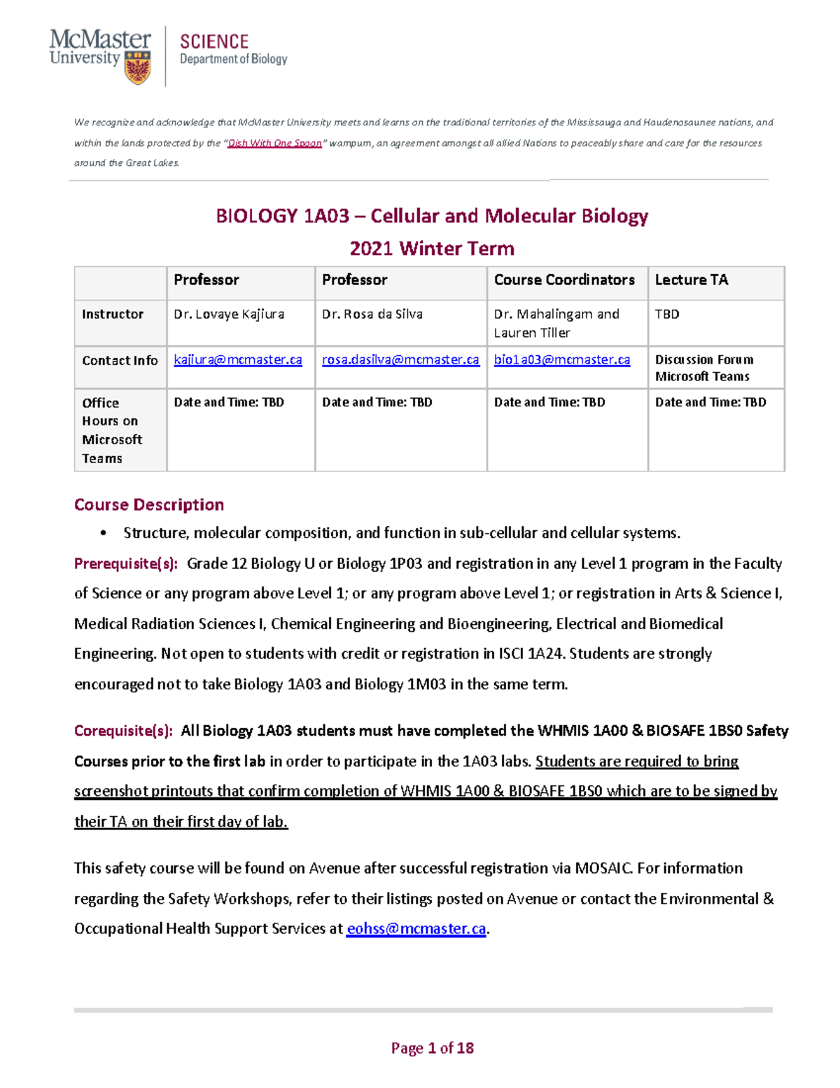 BIO-1A03 Cellular And Molecular Biology Course Outline - W2021 - Bio ...