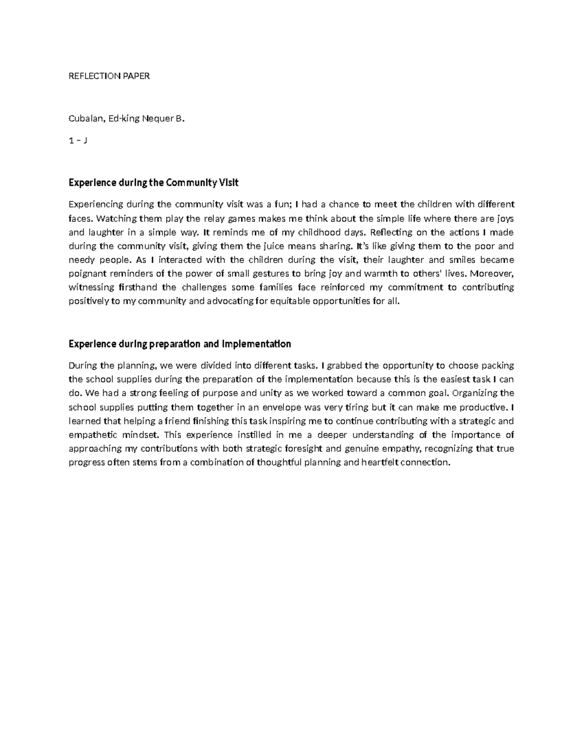 NSTP Reflection Paper about Community Visit - REFLECTION PAPER Cubalan ...