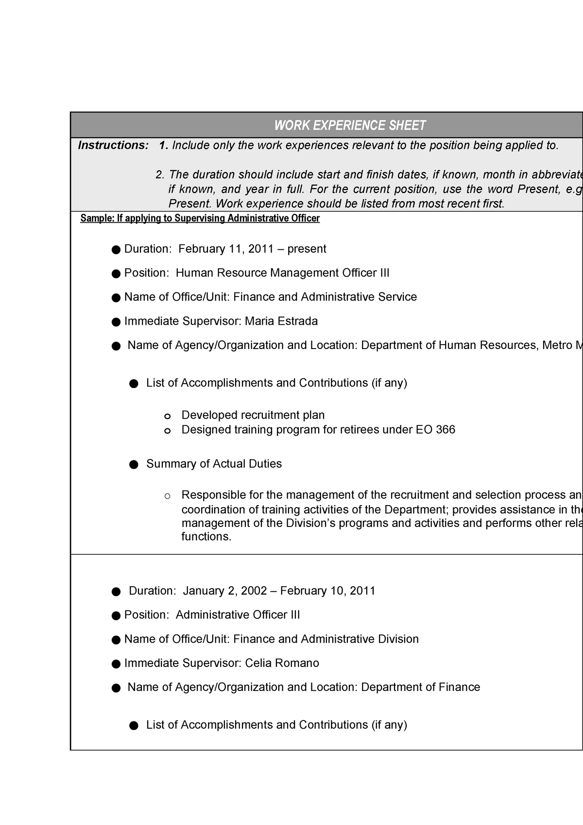 CS Form No 212 Attachment Work Experience Sheet WORK EXPERIENCE   Thumb 1200 1697 