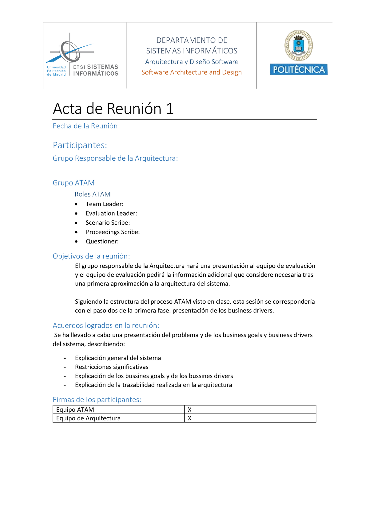 Modelo de Acta de Reunión ATAM -GUÍA - DEPARTAMENTO DE SISTEMAS  INFORMÁTICOS Arquitectura y Diseño - Studocu