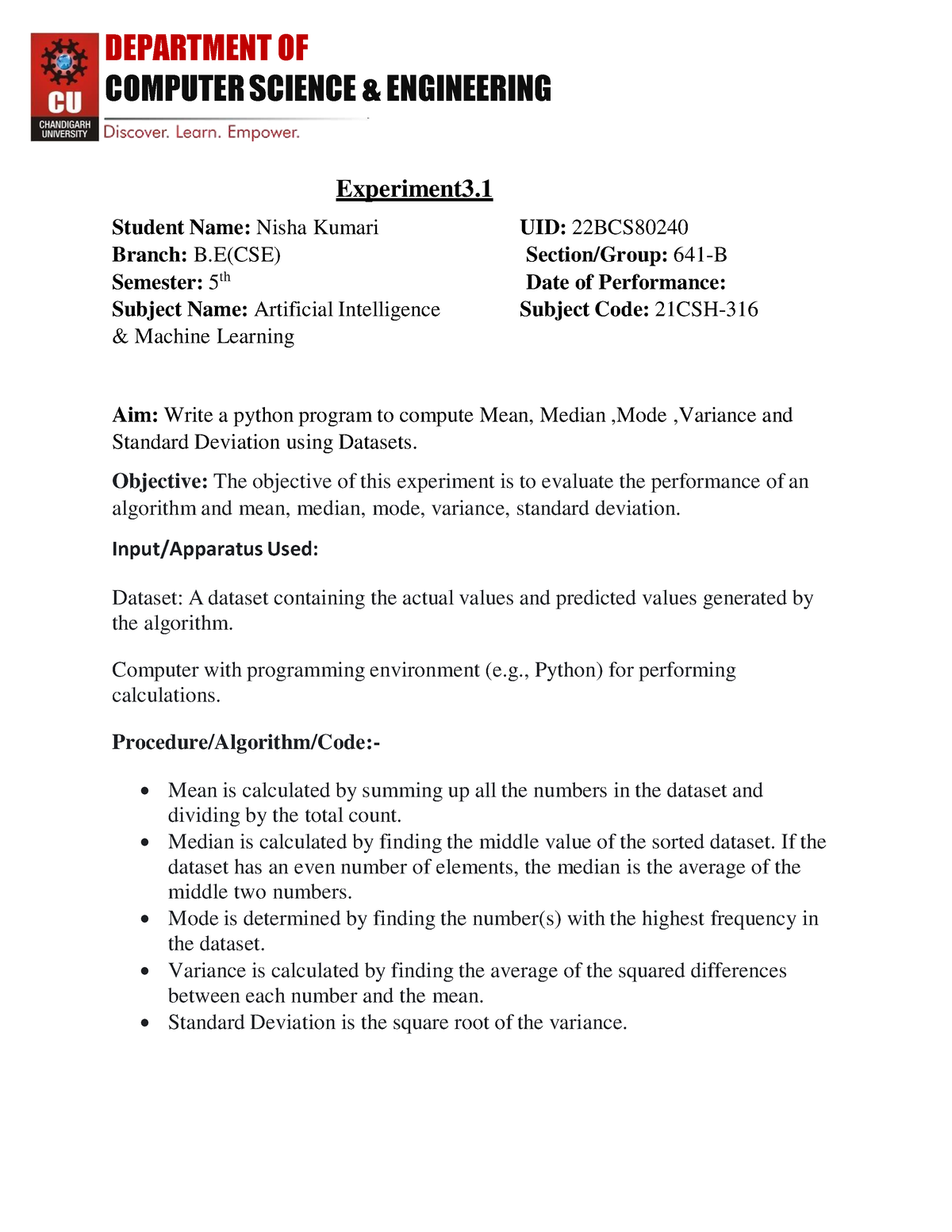 Experiment 3.1 (AIML) nisha - COMPUTER SCIENCE & ENGINEERING ...