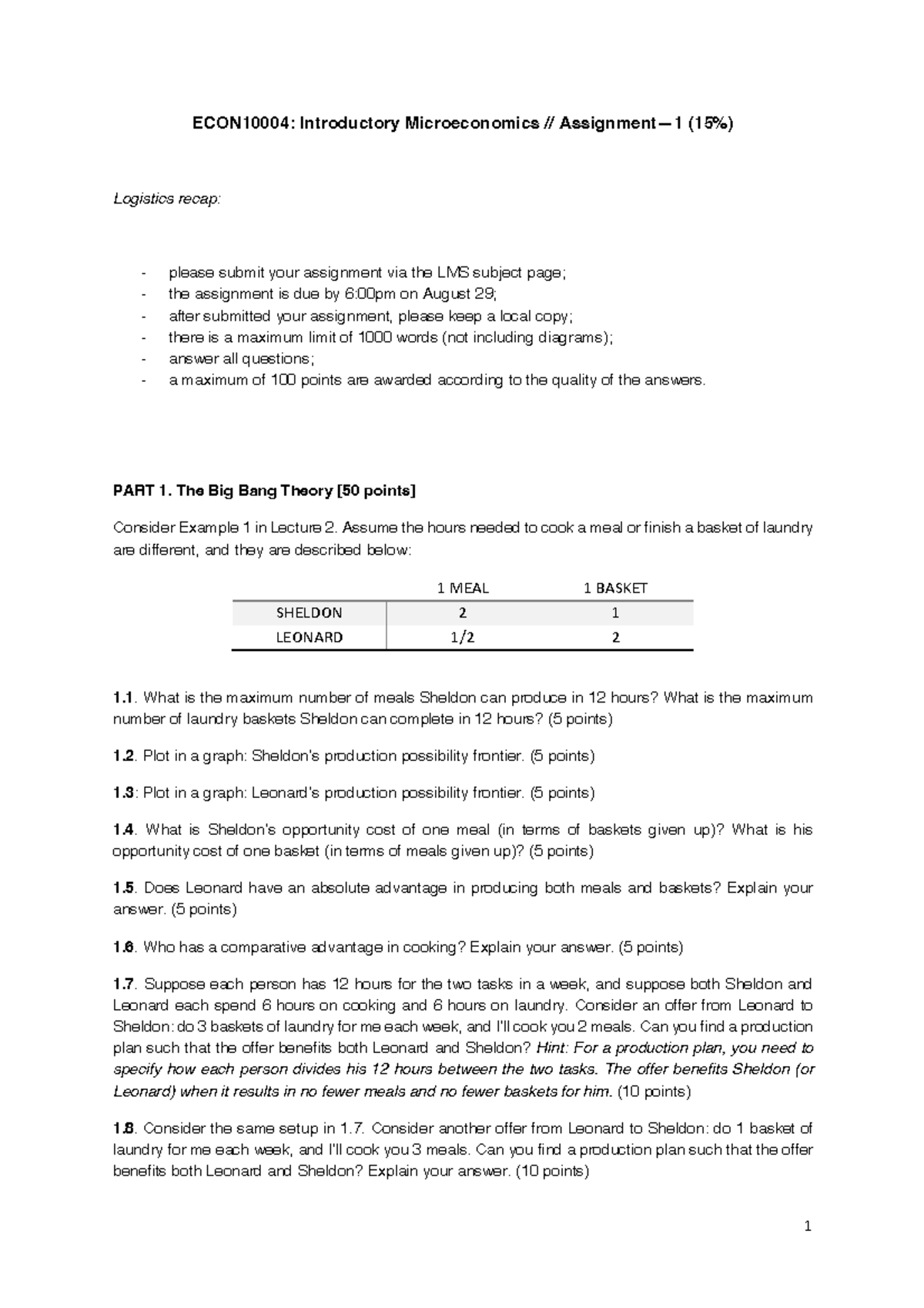 Assignment 1 Questions - 1 ECON10004: Introductory Microeconomics ...