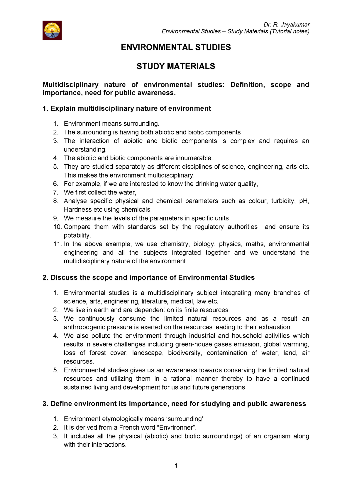 UNIT 1 Grade 9 Environmental Studies Study Materials Tutorial 