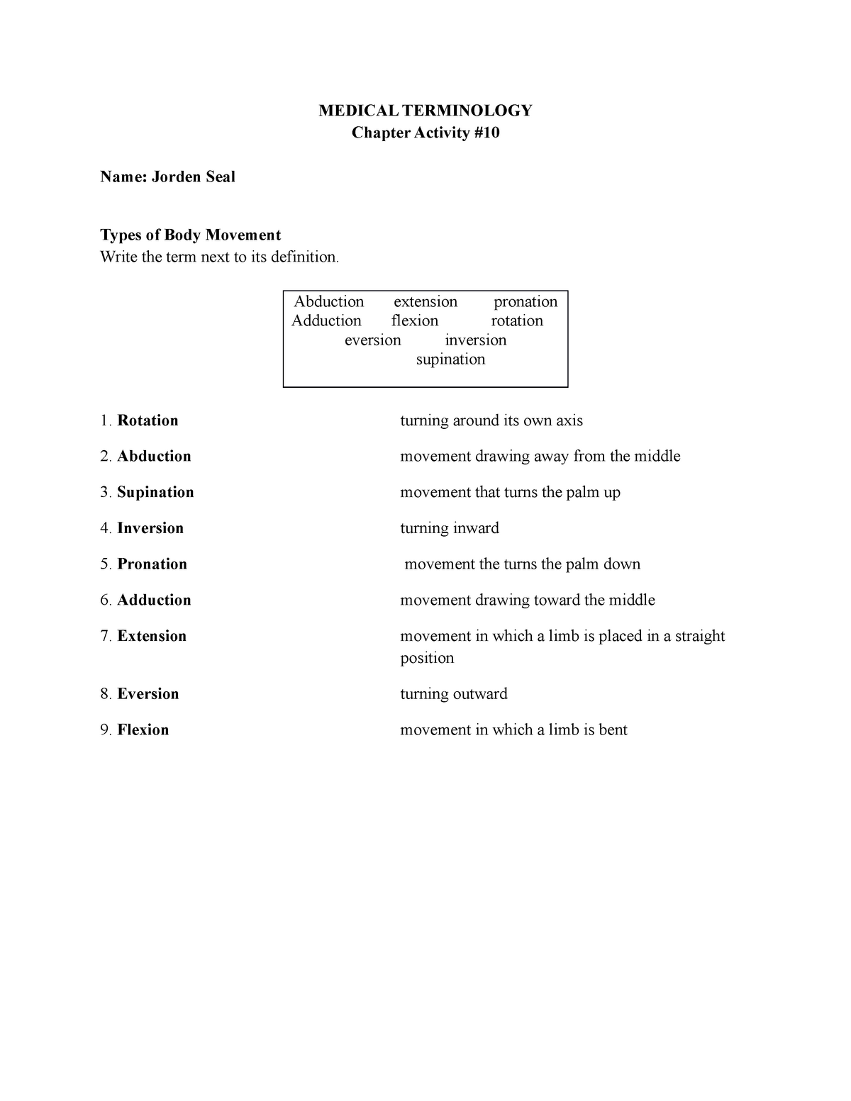 Medical Terminology 10 Chapter Activity 10 MEDICAL TERMINOLOGY