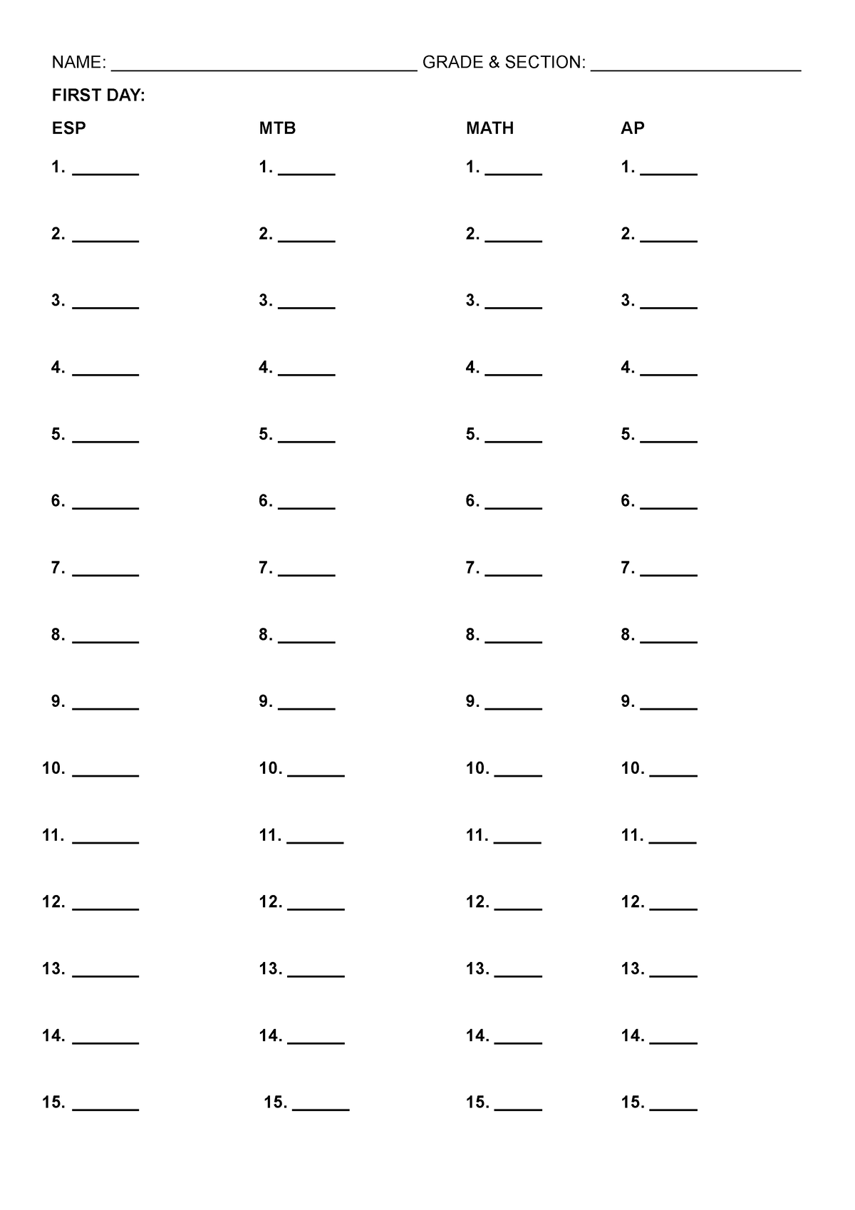 Answer Sheets - NAME: ________________________________ GRADE & SECTION