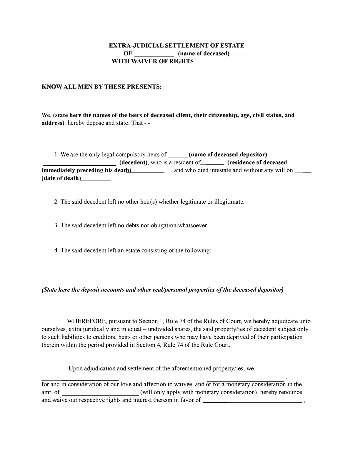 Waiver OF Rights - qweqewq - EXTRA-JUDICIAL SETTLEMENT OF ESTATE OF ...