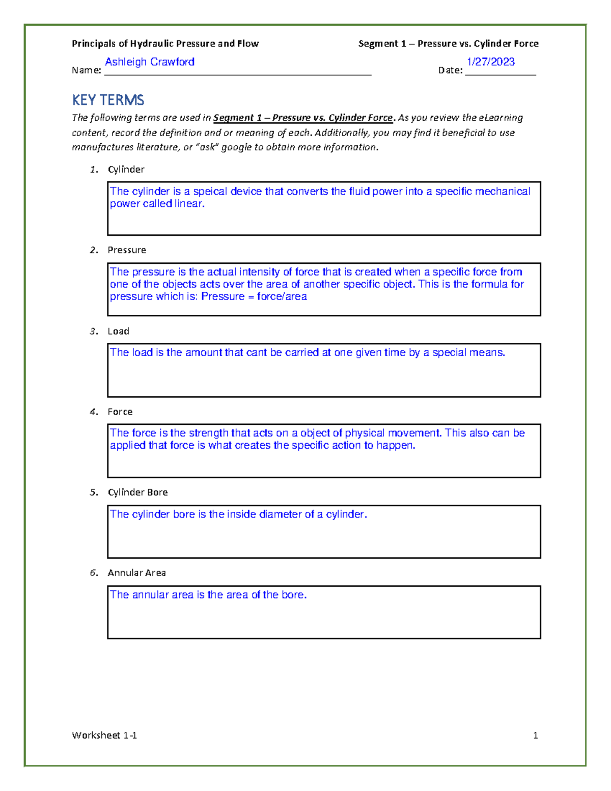 A04 Worksheet answers Principals of Hydraulic Pressure and Flow