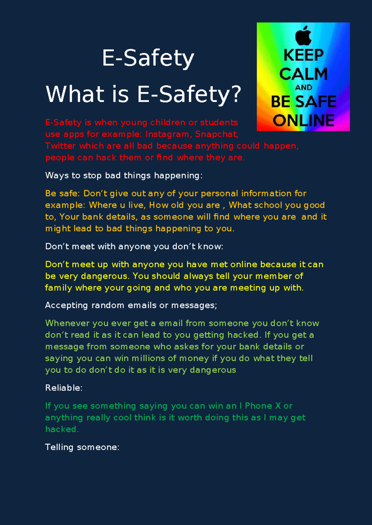 E-Safety - e safetyy - E-Safety What is E-Safety? E-Safety is when ...