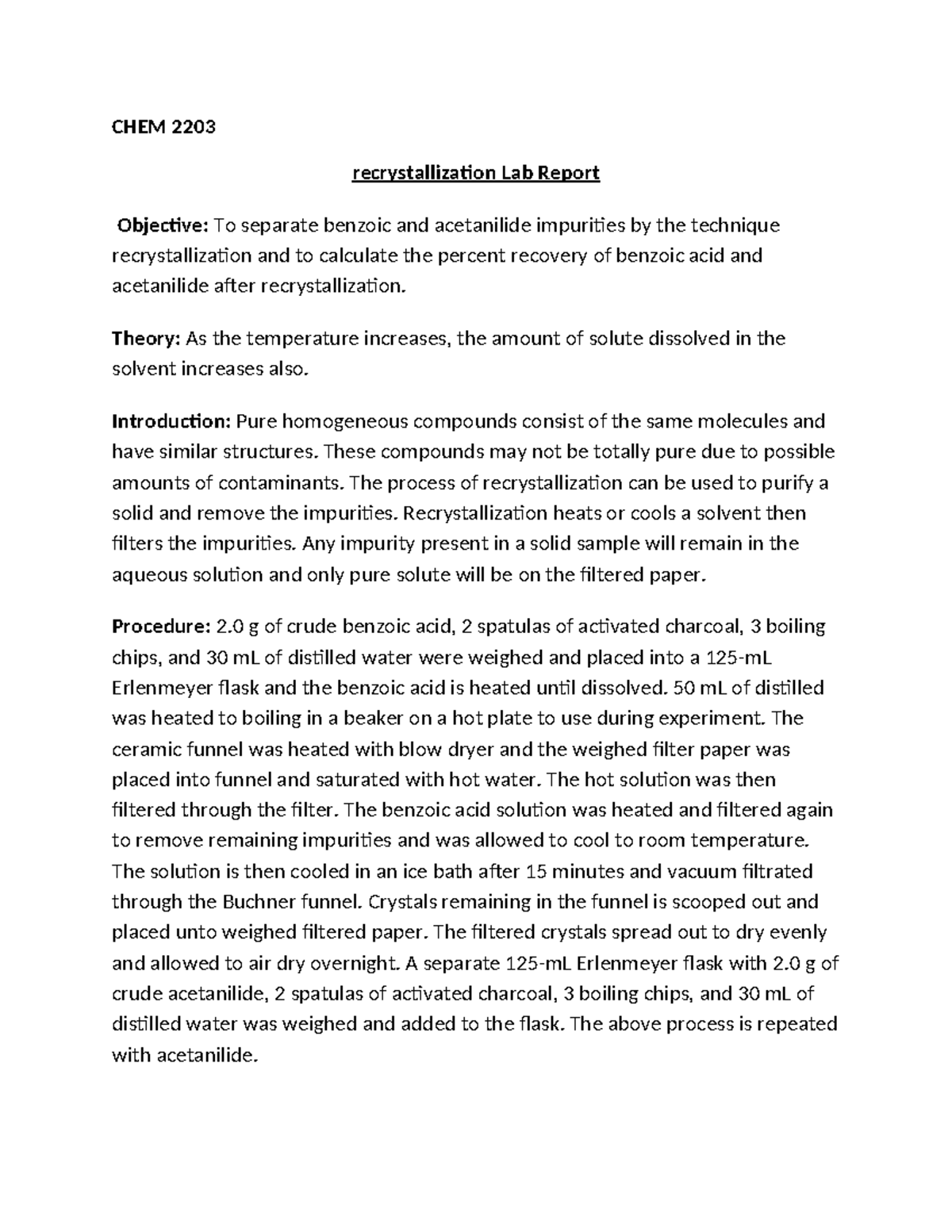 Recrystallization Lab Report - CHEM 2203 Recrystallization Lab Report ...