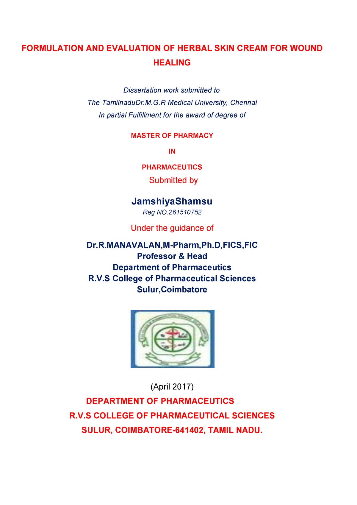 260107917 jamshiyashamsu - FORMULATION AND EVALUATION OF HERBAL SKIN ...