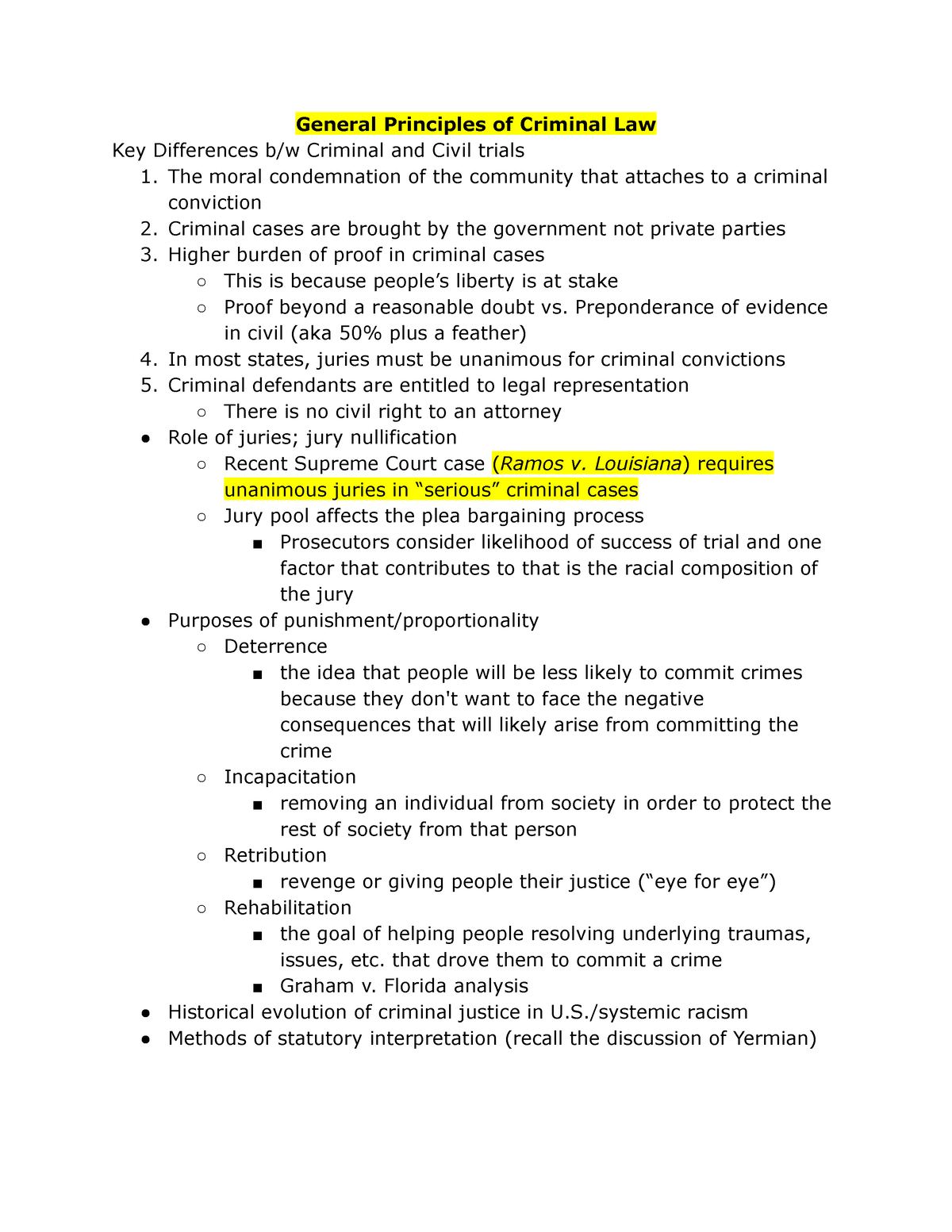 Crim Law Outline General Principles Of Criminal Law Key Differences Bw Criminal And Civil 5170