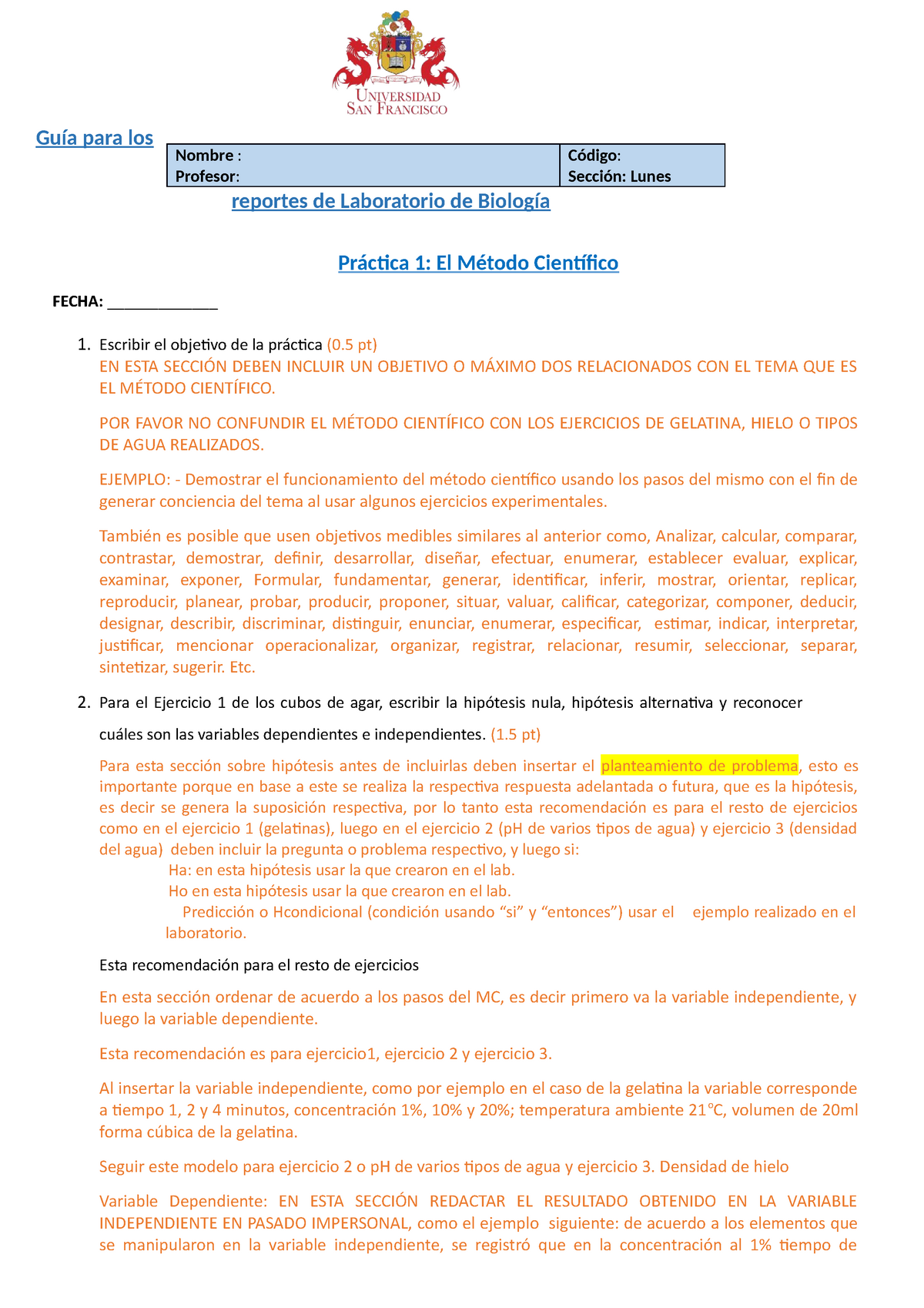 Guía Para Los Reportes De Laboratorio De Biología Ejemplo Guía Para