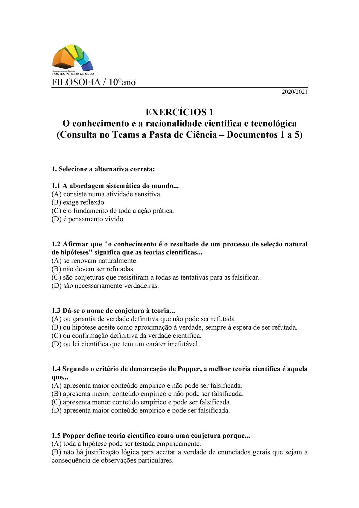 Exercícios Ciência Filosofia .ppt - FILOSOFIA / 10°ano 2020/ EXERCÍCIOS ...