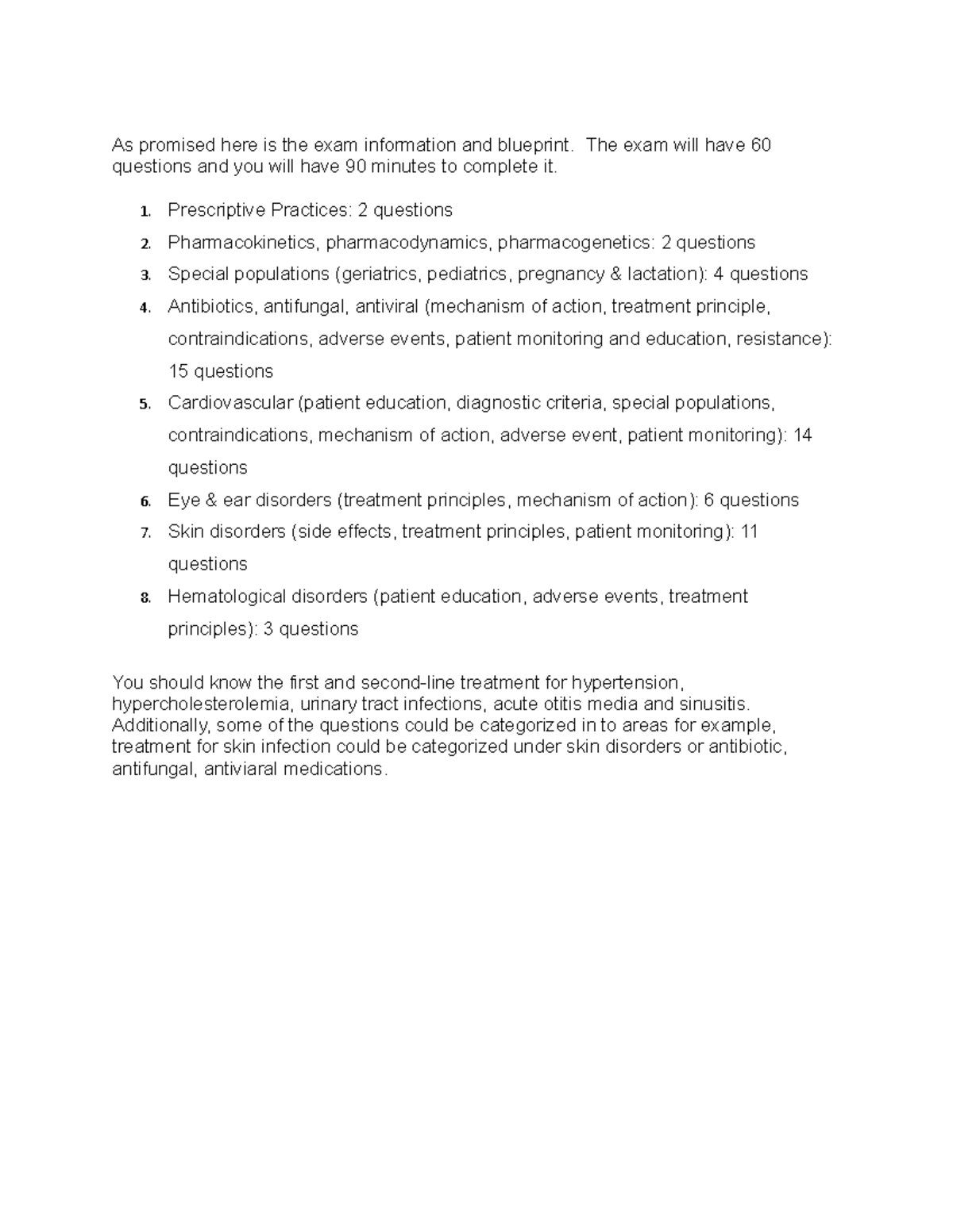 Pharm Exam 1 blueprint - EXAM AND NOTES - As promised here is the exam ...