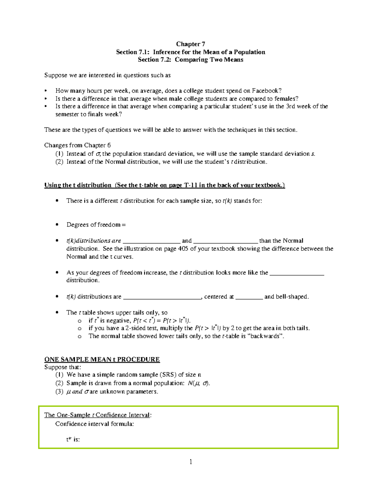 Inference for the Mean of a Population - Changes from Chapter 6 (1 ...