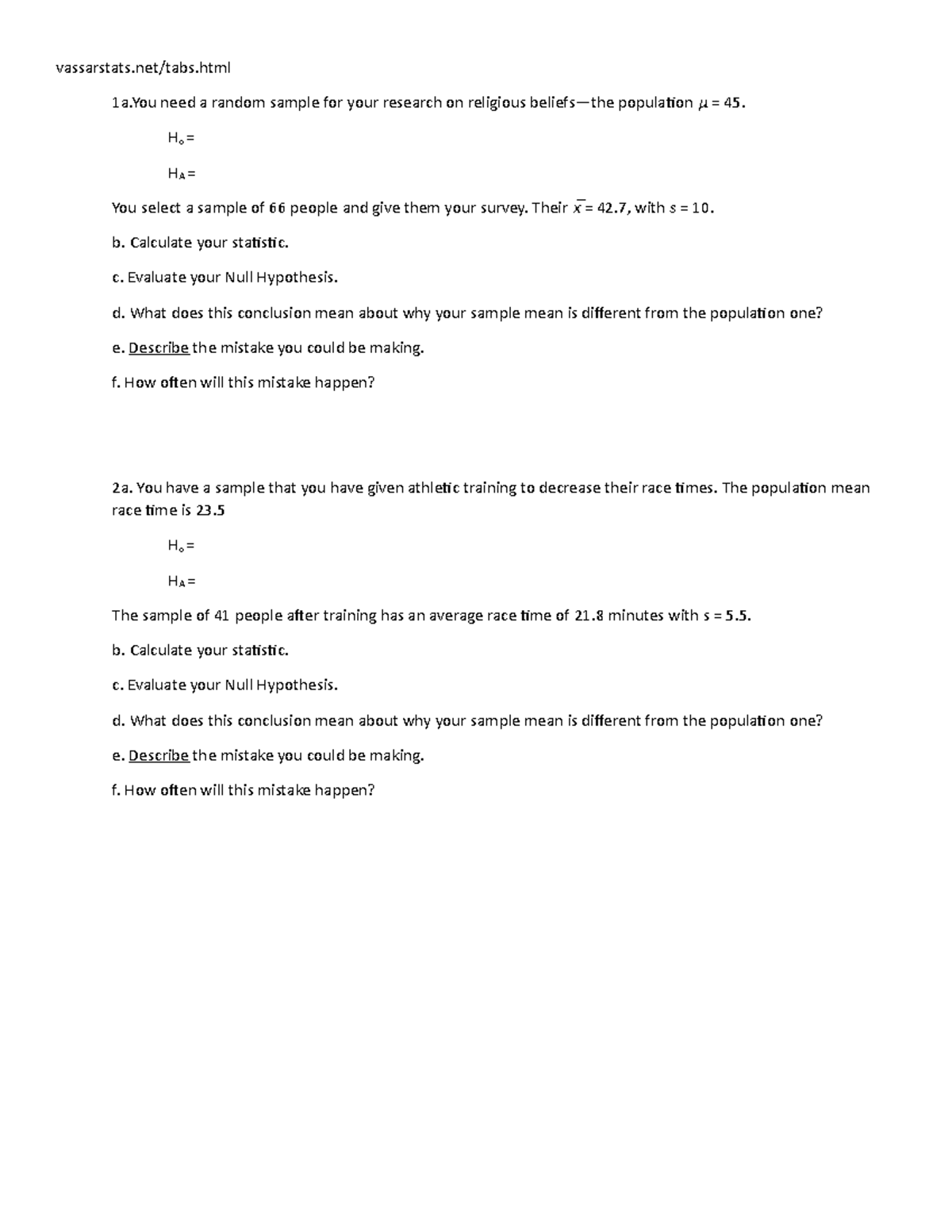 Single sample t tests 2 - Practice for Stats problems - vassarstats.net ...